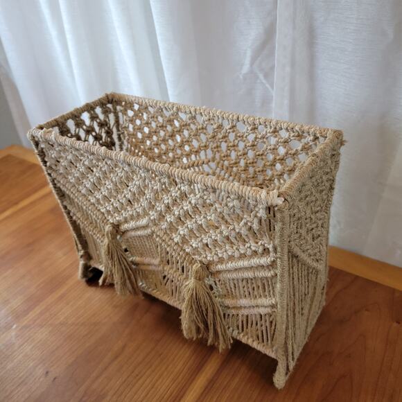 Vtg-Style Macrame Rattan Magazine Rack Bin with Tassels – Boho Storage – 25x7x12 - Picture 1 of 8